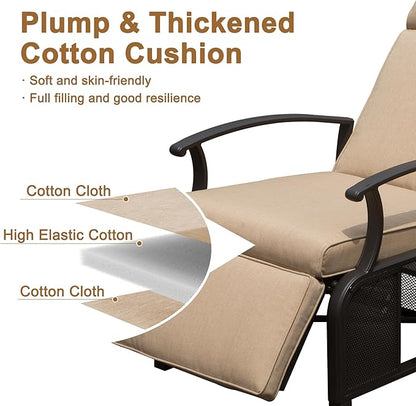 Domi Adjustable Patio Recliner Chair Metal Outdoor Lounge Chair with Flip Table Push Back, Adjustable Angle, Removable Cushions, Support 350lbs, Beige