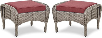 Belord Outdoor Ottomans for Patio Foot Rest - 25 Inch PE Wicker Foot Stool Set of 2 with Removable Cushions for Patio Furniture Sets,All Weather Rattan Ottoman for Balcony Deck Gray/Red