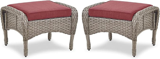 Belord Outdoor Ottomans for Patio Foot Rest - 25 Inch PE Wicker Foot Stool Set of 2 with Removable Cushions for Patio Furniture Sets,All Weather Rattan Ottoman for Balcony Deck Gray/Red