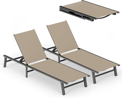 Ciokea Foldable Outdoor Lounge Chair Set of 2, No Assembly Aluminum Chaise Lounge Outdoor with 5 Adjustable Positions, Pool Lounge Chairs with Portable Design for Pool, Beach, Deck, Patio, Khaki