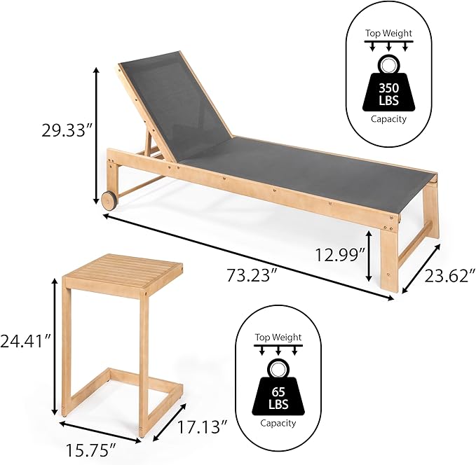 JONATHAN Y LNG1100B-2SET Trabuco Coastal Modern Acacia Wood Mesh 3-Position Outdoor Chaise Lounge Set with Side Table Transitional, Classic, Minimalist, Traditional, Contemporary, Dark Gray/Light Teak