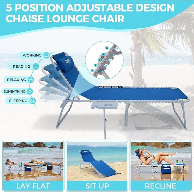 #WEJOY 2 PCS Lounge with Side Table for Outdoor 5-Position Adjustable Recliner Chair for Beach Sunbathing Patio Pool - Photo 4