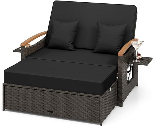 LDAILY Moccha Outdoor Wicker Daybed, Patio Rattan Loveseat Sofa w/ 4-Level Adjustable Backrest, Folding Panels, Storage Ottoman & Cushions, Lounge Furniture Set for Poolside Backyard Porch (Black)