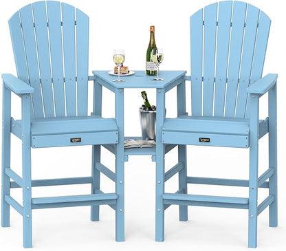 VINGLI Tall Adirondack Chairs Set of 2 with Dual Trays, All-Weather HDPE Outdoor BarStools Poly Deck Chairs for Patio, Poolside and Balcony (Blue)