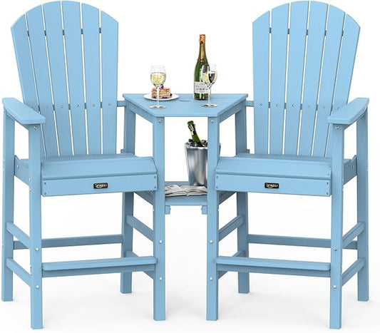 VINGLI Tall Adirondack Chairs Set of 2 with Dual Trays, All-Weather HDPE Outdoor BarStools Poly Deck Chairs for Patio, Poolside and Balcony (Blue)