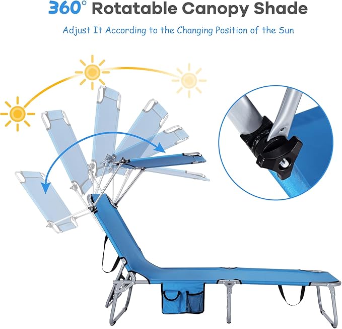 GYMAX Beach Chair with Canopy Shade, Folding Tanning Lounge with Adjustable Backrest, Carry Handle & Side Pocket - Photo 4