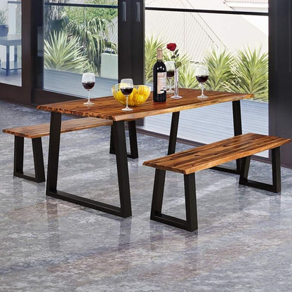 HAPPYGRILL Acacia Wood Patio Bench, Dining Picnic Bench with Metal Frame, 57.5" Wood Bench for Indoor Outdoor Garden Backyard Lawn