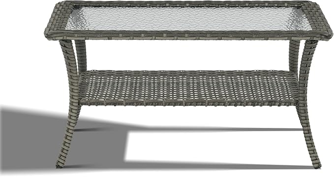 Outdoor Coffee Table - Patio Rattan Wicker Coffee Table with Tempered Glass Top and 2-Tier Storage Outdoor Table for - Photo 3