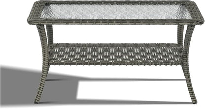 Outdoor Coffee Table - Patio Rattan Wicker Coffee Table with Tempered Glass Top and 2-Tier Storage Outdoor Table for Deck Porch Balcony Garden - Grey