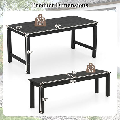 Tangkula 3 Pieces Outdoor HDPE Dining Table Set with 2 Benches, Weather Resistant Patio Furniture Set with 1.77” Umbrella Hole and Wood-Like Surface for Garden, Backyard and Poolside (Black, 3 Pcs)