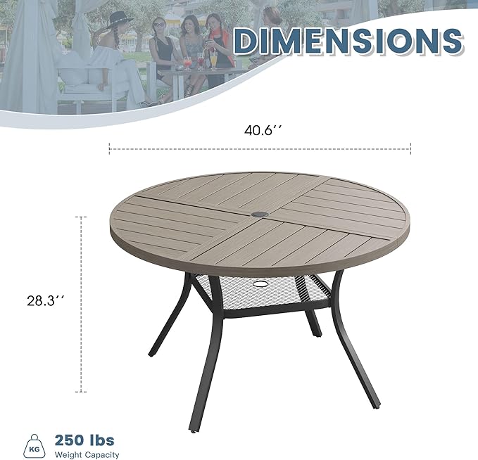 DIFY 40.6" Round Outdoor Patio Dining Table for 4, All-Weather Metal Steel Slatted Patio Table with 1.57" Adjustable Umbrella Hole, for Lawn Garden Porch Backyard, Grey Wood-Like