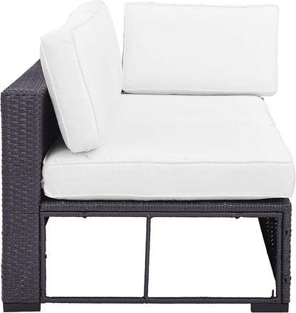 Crosley Furniture Biscayne Outdoor Sectional Loveseat, 2-Person Wicker Patio Couch for Deck, Backyard, Brown with White Cushions