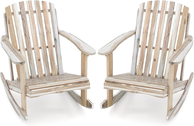 Tangkula Adirondack Rocking Chair, Acacia Wood Patio Rocker with Slatted Seat & High Fanned Back, DIY Colors. Rustic Outdoor Log Rocking Seat Furniture for Backyard, Porch, Garden (Natural, 2 Pack)