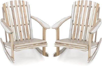 Tangkula Adirondack Rocking Chair, Acacia Wood Patio Rocker with Slatted Seat & High Fanned Back, DIY Colors. Rustic Outdoor Log Rocking Seat Furniture for Backyard, Porch, Garden (Natural, 2 Pack)