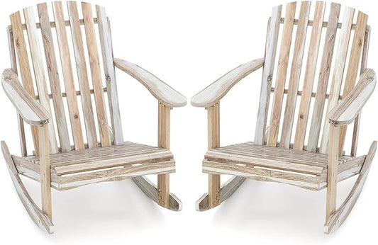 Tangkula Adirondack Rocking Chair, Acacia Wood Patio Rocker with Slatted Seat & High Fanned Back, DIY Colors. Rustic Outdoor Log Rocking Seat Furniture for Backyard, Porch, Garden (Natural, 2 Pack)