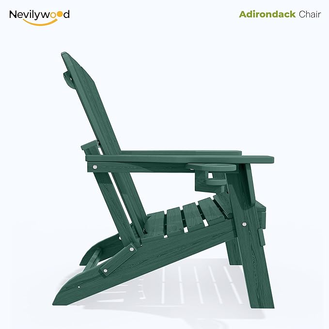 nevilywood Folding Adirondack Chairs Set of 2, All-Weather Fade-Resistant Design with Cup Holders, Great for Patio, Balcony & Outdoor Spaces,Green