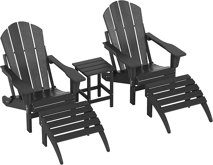 WestinTrends Malibu Outdoor Lounge Chairs Set, 5-Pieces Adirondack Chair Set of 2 with Ottoman and Side Table, All Weather Poly Lumber Patio Lawn Folding Chair for Outside, Gray