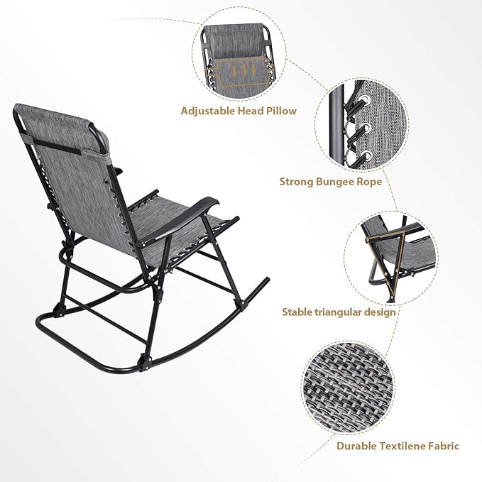 Flamaker Patio Rocking Chair Zero Gravity Chair Outdoor Folding Recliner Foldable Lounge Chair Outdoor Pool Chair for Patio, Poolside and Camping (Grey)