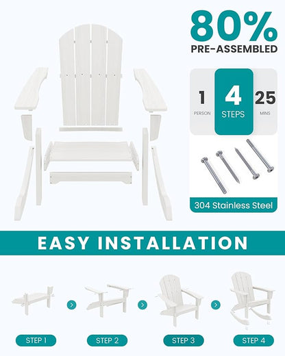 SERWALL Outdoor Adirondack Rocking Chair, All-Weather HDPE Adirondack Rocker Chair, Front Porch Rocker Chairs for Patio Lawn Porch Deck, White