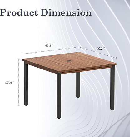 Outdoor Dining Table with Adjustable Umbrella Hole, 40.2" All-Weather Square Patio Dining Table for 4, Metal Patio Table for Garden Lawn Porch Deck Yard, Walnut