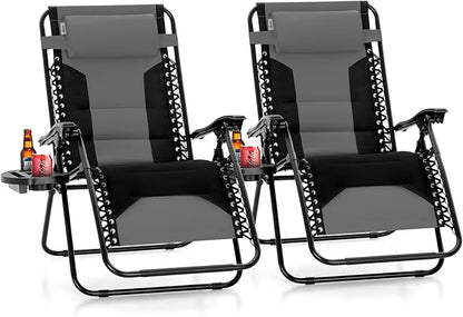 PHI VILLA Zero Gravity Chair Set of 2, Padded Anti Gravity Recliner, Oversized 28" Wide Seat, Foldable Patio Lounger with Armrest & Cup Holder, Supports 400 LBS (Grey)