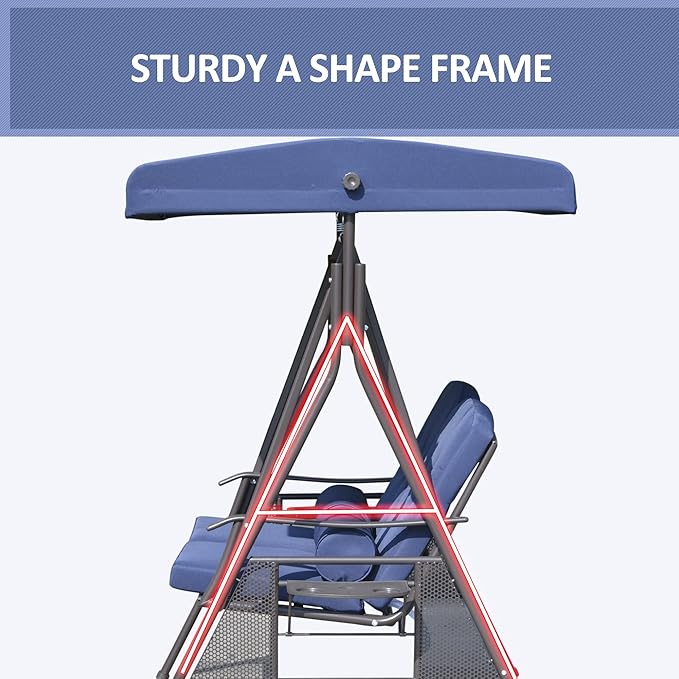 Outsunny 2-Person Patio Swing Bench with Adjustable Shade Canopy, Soft Cushions, Throw Pillows and Tray, Dark Blue - Photo 8