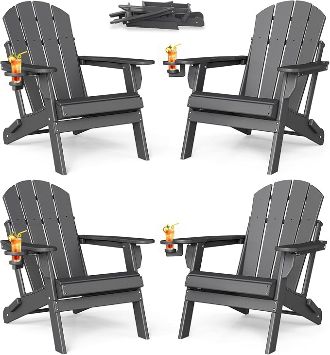 BRIOPAWS Folding-Adirondack-Chairs Set of 4 | HDPE | Fire Pit Chair | Cup Holder | Weather Resistance | Grey | for Outdoor Backyard Deck Patio