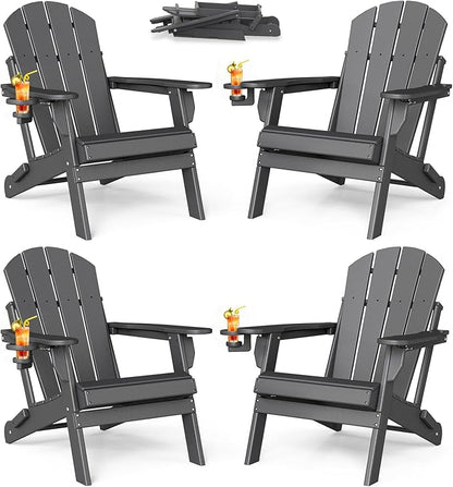 BRIOPAWS Folding-Adirondack-Chairs Set of 4 | HDPE | Fire Pit Chair | Cup Holder | Weather Resistance | Grey | for Outdoor Backyard Deck Patio