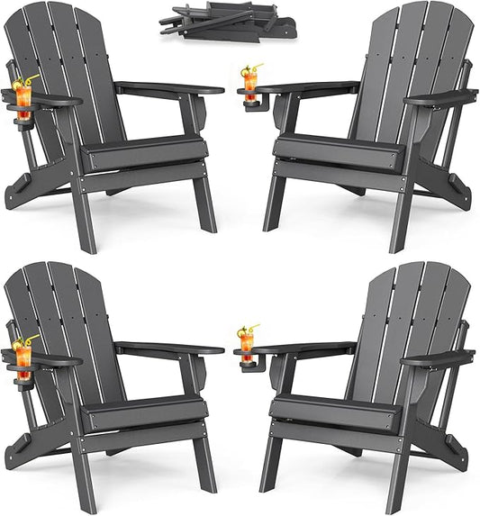 BRIOPAWS Folding-Adirondack-Chairs Set of 4 | HDPE | Fire Pit Chair | Cup Holder | Weather Resistance | Grey | for Outdoor Backyard Deck Patio
