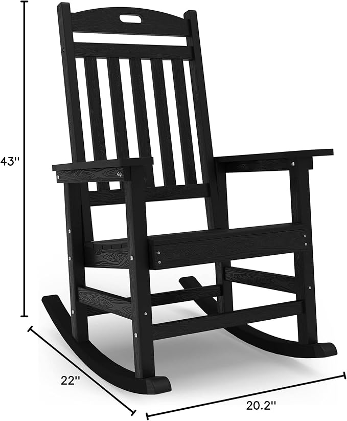 YEFU Outdoor Rocking Chair Porch: Outdoor Patio Rocking Chairs-Oversized Rocker Chair-All Weather Poly Rocker Lawn Chairs for Adult-Seat Area 22"x21"-Backrest Height 31"-380lbs Weight Capacity-Black