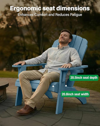 Oversized Plastic Adirondack Chair Set of 2 with Cup-Holder (Large Dual-Purpose), Weather Resistant, Poly Lumber Outdoor Chairs Duty Rating Widely Used in Patio, Lawn, Outside, Deck, Garden Chair-Blue
