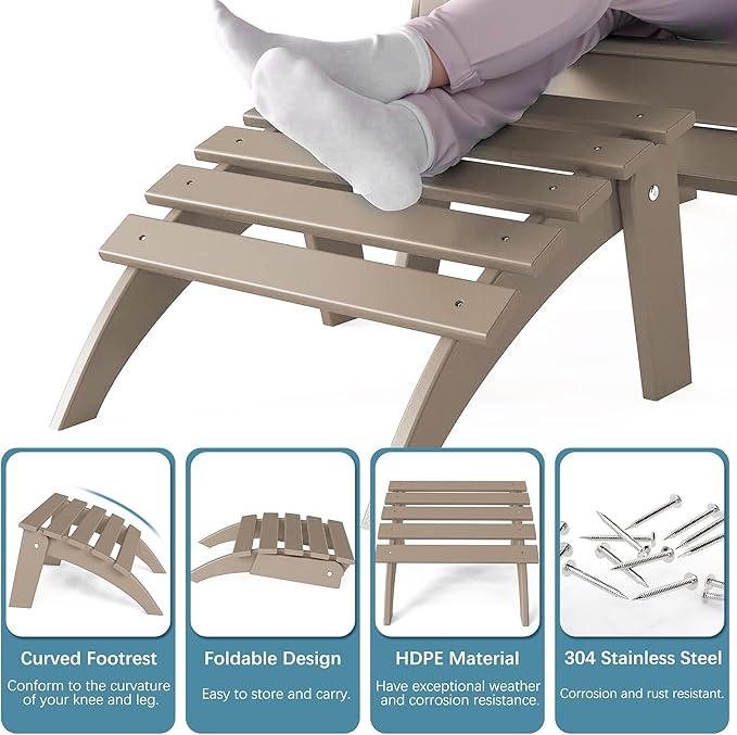 Adirondack Ottoman, Folding Adirondack Ottoman for Adirondack Chair, HDPE All Weather Outdoor Footstool for Patio, Backyard, Porch, Garden, Brown