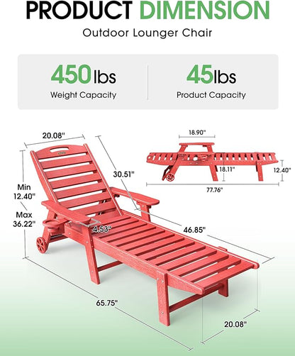 Lounge Chair Outdoor Set of 2, HDPE Chaise Lounge Outdoor, Pool Lounge Chair for Pool Poolside Deck Backyard Patio, Red
