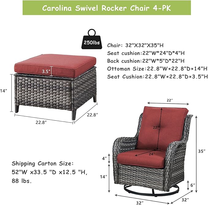 Rilyson Wicker Patio Furniture Set - 4 Piece Rattan Outdoor Sectional Conversation Sets with 2 Swivel Rocking Chairs - Photo 2