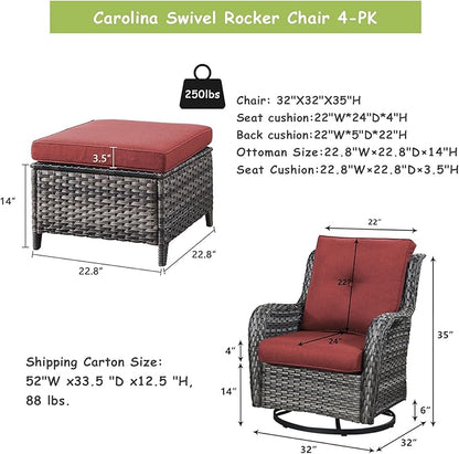 Rilyson Wicker Patio Furniture Set - 4 Piece Rattan Outdoor Sectional Conversation Sets with 2 Swivel Rocking Chairs,2 Ottomans for Porch Deck Garden(Mixed Grey/Red)