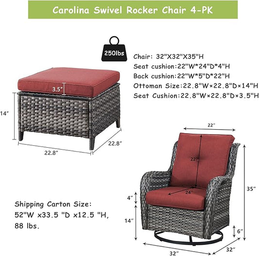 Rilyson Wicker Patio Furniture Set - 4 Piece Rattan Outdoor Sectional Conversation Sets with 2 Swivel Rocking Chairs,2 Ottomans for Porch Deck Garden(Mixed Grey/Red)