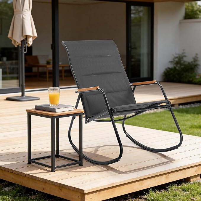 VINGLI Outdoor Rocking Chair, 450lbs Capacity Portable Outdoor Rocker with Hard Armrests, All Weather Porch Rocker for Garden, Living Room, Patio, Lawn (Black, Without footrest)