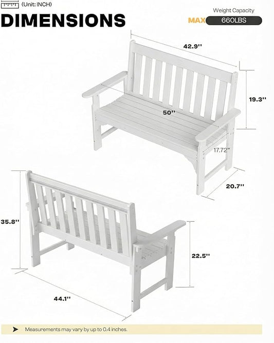 2-Person Outdoor Garden Bench, HDPE All-Weather Patio Bench with Backrest & Armrests, Heavy Duty Outdoor Seating for Porch, Backyard & Park, 660 lbs (White, 2 Benches)
