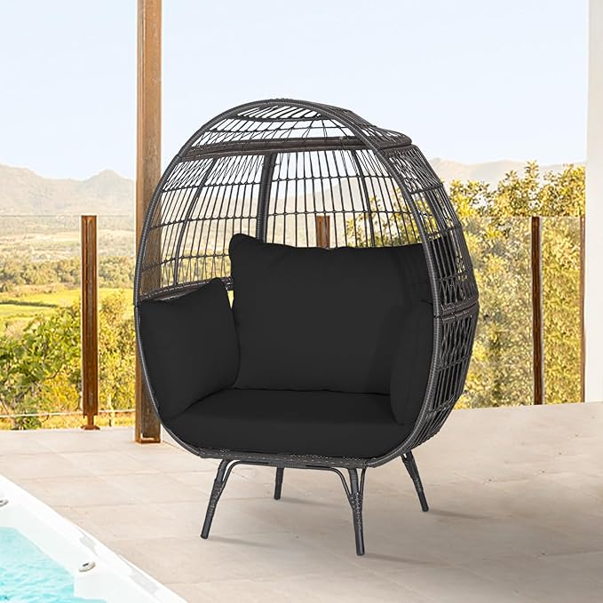Tangkula PE Wicker Egg Chair, Patiojoy Oversized Indoor Outdoor Patio Lounge Chair with Cushions and Pillows - Photo 2