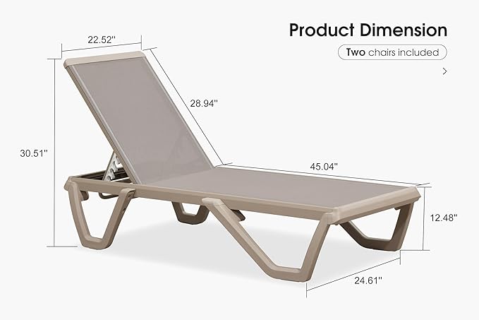 PURPLE LEAF Outdoor Chaise Lounge Chair Set of 2 Pool Lounge Chair with Champagne Aluminum Plastic Stackable Patio Lounge Chair for Poolside Sunbathing Beach Deck Yard, Taupe