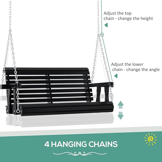 Outsunny Porch Swing with Chains and Cupholders, 2 Person Wooden Patio Swing Chair, 440 lbs. Weight Capacity, for Garden - Photo 3