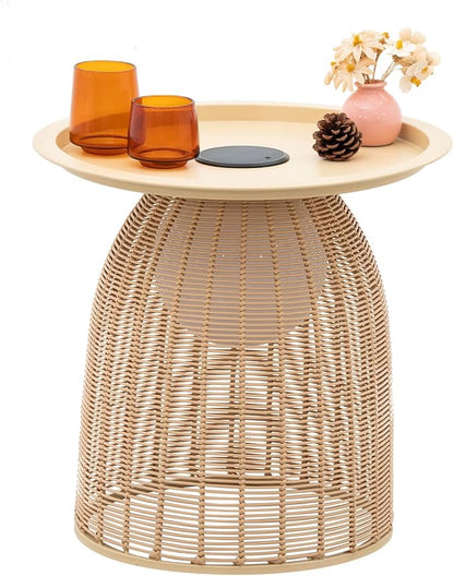 Outdoor Coffee Table Boho Wicker Patio Solar Table Festival Decoration All Weather Metal Round Tables with Built-in Lights for Porch Garden Yard