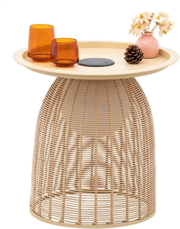 Outdoor Coffee Table Boho Wicker Patio Solar Table Festival Decoration All Weather Metal Round Tables with Built-in - Photo 1