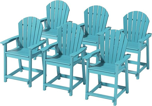 Tall Adirondack Chairs Set of 6, Outdoor Bar Height Chair for Patio, Heavy-Duty Tall Adirondack Chair, Weatherproof HDPE Chairs for Deck, Poolside, Lake Blue