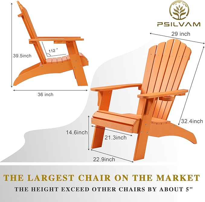 Psilvam Adirondack Chair, Oversized Poly Lumber Fire Pit Chair with Cup Holder, 350Lbs Support Patio Chairs for Garden, Weather Resistant Outdoors Seating, Relaxing Gift for Father & Mother (Orange)