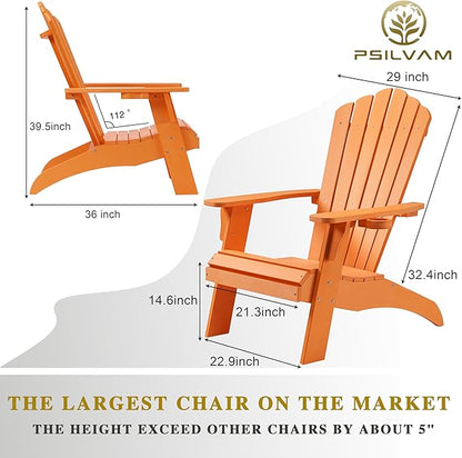 Psilvam Adirondack Chair, Oversized Poly Lumber Fire Pit Chair with Cup Holder, 350Lbs Support Patio Chairs for Garden, Weather Resistant Outdoors Seating, Relaxing Gift for Father & Mother (Orange)