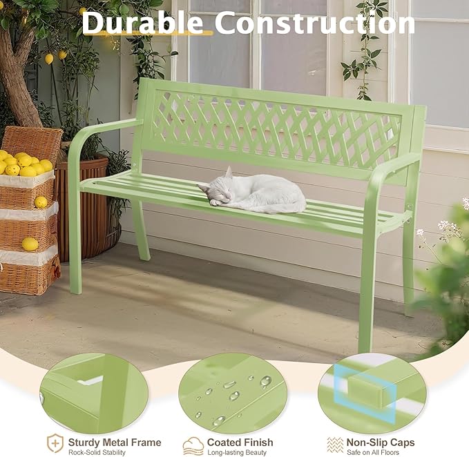VINGLI 47'' Outdoor Bench, Weather Resistant Garden Patio Bench Powder Coated Iron Frame w/PVC Mesh Backrest Slatted - Photo 4