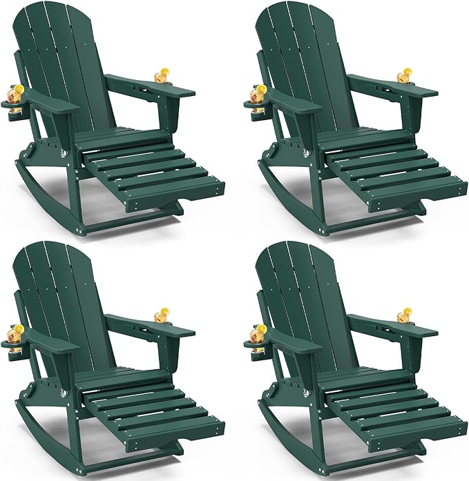 Adirondack Rocking Chairs Set of 4 with Retractable Ottoman, All Weather Folding Adirondack Chair with Two Cup Holders, Adirondack Outdoor Rocking Chairs for Porch, Patio, Balcony. Dark Green