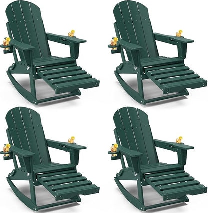 Adirondack Rocking Chairs Set of 4 with Retractable Ottoman, All Weather Folding Adirondack Chair with Two Cup Holders, Adirondack Outdoor Rocking Chairs for Porch, Patio, Balcony. Dark Green