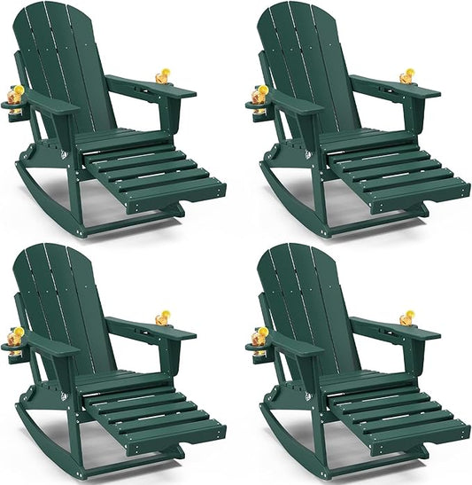 Adirondack Rocking Chairs Set of 4 with Retractable Ottoman, All Weather Folding Adirondack Chair with Two Cup Holders, Adirondack Outdoor Rocking Chairs for Porch, Patio, Balcony. Dark Green